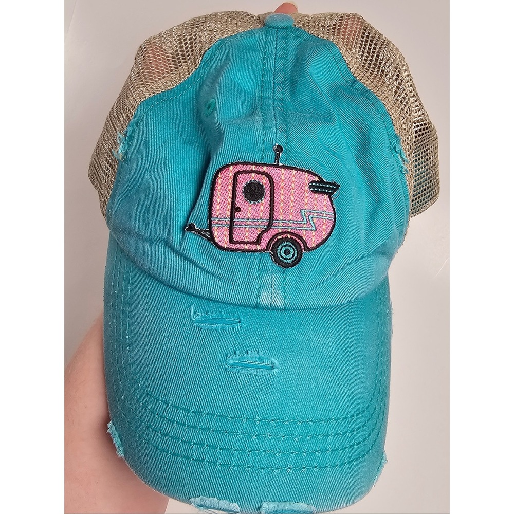 KBETHOS Ponytail Trucker Hat Teal Pink Camper Trailer Distressed Mesh Cap